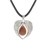 Vintage Silver Angel Wings Heart Necklace - Natural Stone Wax Cord Teardrop Pendant for Men & Women, Spiritual Gift
