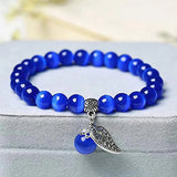 8MM Mystical Cat's Eye Stone Beaded Bracelets with Silver Leaf Accent Healing Elegant Inspired Jewelry