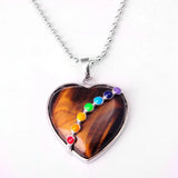 Rainbow 7 Chakra Inlaid Heart Gem Pendant Necklace, Spiritual Energy Balance Crystal Jewelry Gift