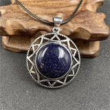 Vintage Six-Pointed Star Openwork Pendant Inlaid Natural Gemstone, Abalone Shell Tiger Eye Rose Quartz Cabochon Antique Silver Spiritual Crystal Necklace for Women