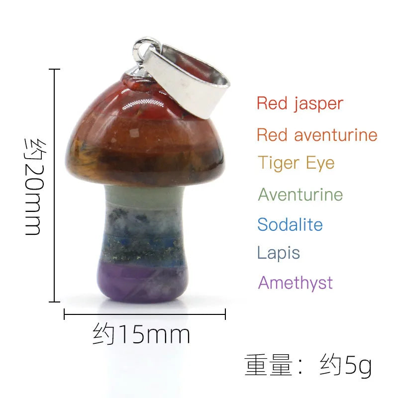 20mm Natural Crystal Mushroom Pendant Necklace, Mini Gemstone Reiki Chakra Jewelry