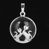 Natural Gemstone Round Pendant Silver‑Tone Double Cat Silhouette Overlay Charm, Mixed Crystal Stone Cat Lover Pendant DIY Necklace Jewelry Making Reiki Healing