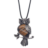 Vintage Antique Silver Owl Pendant, Natural Mixed Gemstone Owl on Branch Charm, Retro Metal Owl Inlaid Crystal Stone Pendant, Reiki Healing Animal Necklace Jewelry for Women