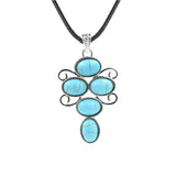 5 Stones Oval Crystal Scroll Wire Pendant Necklace, Silver Swirl Frame Natural Gemstone Black Wax Cord Boho Chakra Jewelry