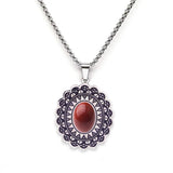 Vintage Stainless Steel Mandala Disc Pendant Necklace - Natural Picture Jasper Stone - Western Retro Flower Pendant for Men & Women
