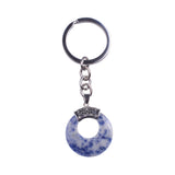 Natural Gemstone Donut Keychain Antique Silver Crown Bail Peace Circle Crystal Key Ring Reiki Healing Stone Key Chain Charm Bag Purse Hanging Ornament