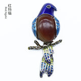Enamel Bird Parrot Natural Gemstone Pendant, Colorful Enamel Alloy Bird On Branch Inlaid Oval Cabochon Crystal Pendant, Chakra Reiki Healing DIY Necklace Jewelry Charm