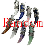 Vintage Stainless Steel Dragon Wrapped Tooth Pendant Necklace • Natural Healing Stone Horn Spike Charms • Gothic Punk Wiccan Crystal Jewelry