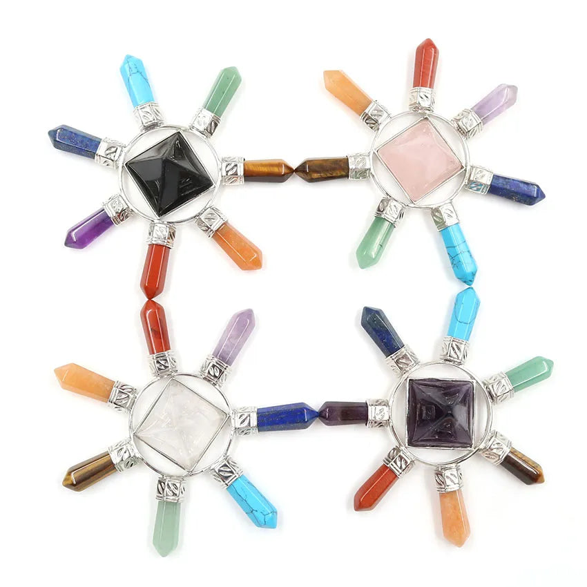7 Chakra Crystal Energy Generator, Natural Pyramid Energy Stone Healing Point Chakra Balancing Ornament, Spiritual Home Decor & Meditation Gift