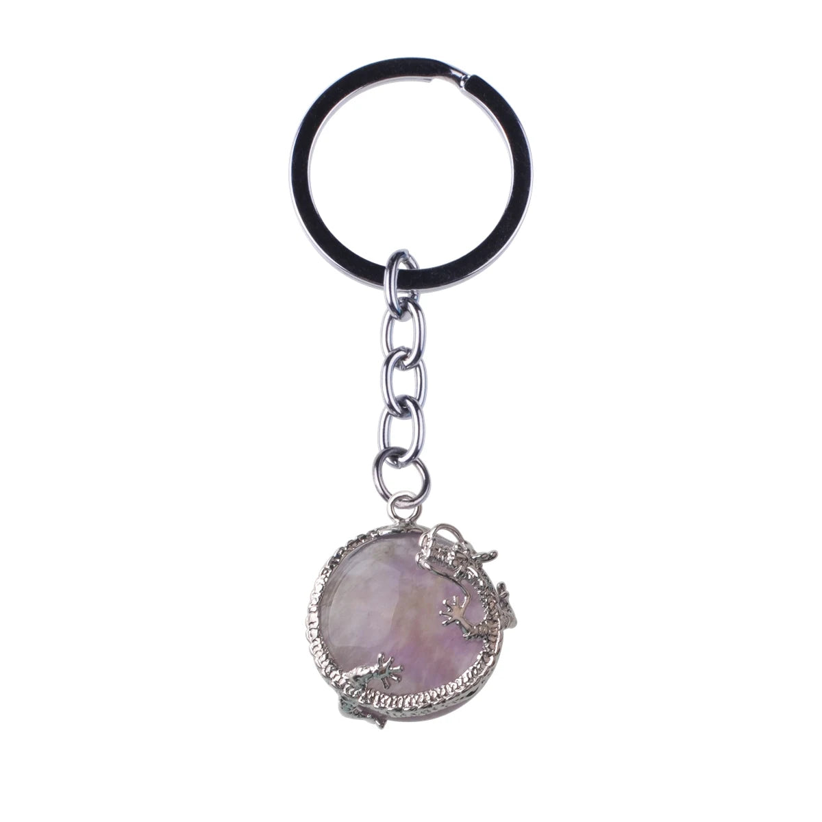 Vintage Dragon Encircled Natural Gemstone Keychain, Silver Plated Dragon Wrap Round Crystal Key Ring, Multi‑Color Stone Bag Pendant Accessory