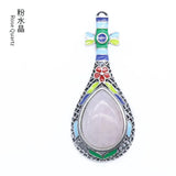 Ethnic Enamel Vase‑Shape Natural Gemstone Pendant, Retro Hollow Alloy Teardrop Cabochon Crystal Pendant, Colorful Enamel Chakra Reiki Healing DIY Necklace Jewelry Charm