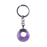 Natural Gemstone Donut Keychain Antique Silver Crown Bail Peace Circle Crystal Key Ring Reiki Healing Stone Key Chain Charm Bag Purse Hanging Ornament