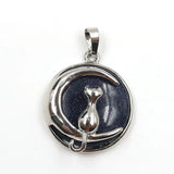 Round Natural Gemstone Pendant Silver Tone Crescent Moon Cat Crystal Charm for DIY Jewelry Making Necklace Craft Supplies