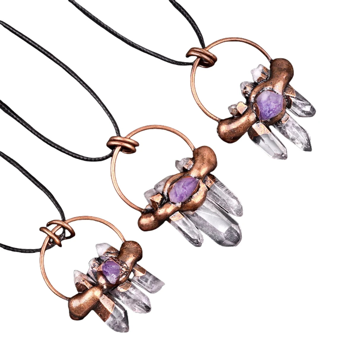 Natural Crystal Pillar Pendant Necklace Black Cord Antique Copper Retro Style with Raw Amethyst