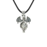 Gothic Stainless Steel Pterosaur Dragon Crystal Holder Necklace • Antique Silver Gemstone Ball Urn Pendant • Unisex Retro Punk Jewelry