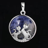 Natural Gemstone Round Pendant Silver‑Tone Double Cat Silhouette Overlay Charm, Mixed Crystal Stone Cat Lover Pendant DIY Necklace Jewelry Making Reiki Healing