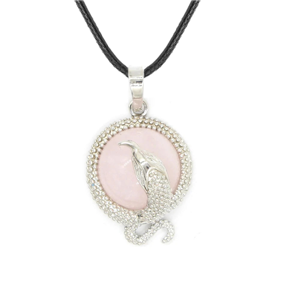 Eagle Silhouette Round Pendant Necklace Silver Lace Frame Natural Crystal Black Wax Cord Spirit Animal Jewelry