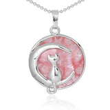 Round Natural Gemstone Pendant Silver Tone Crescent Moon Cat Crystal Charm for DIY Jewelry Making Necklace Craft Supplies