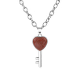 Heart Key Natural Crystal Pendant Necklace Silver Alloy Love Lock Gemstone Chakra Healing Necklace for Women Gift