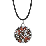 Owl Family Tree of Life Gemstone Necklace – 30mm Round Natural Stone Pendant with 18-Inch Leather Cord