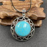 Vintage Six-Pointed Star Openwork Pendant Inlaid Natural Gemstone, Abalone Shell Tiger Eye Rose Quartz Cabochon Antique Silver Spiritual Crystal Necklace for Women