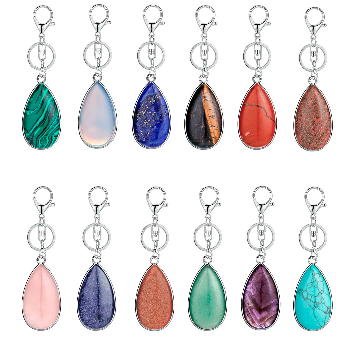 Natural Stone Teardrop Bezel Wrapped Key Chain, Water‑Drop Shaped Gem Charm Chakra Reiki Healing Crystal Keyring for Bag Accessory