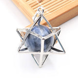 Merkaba Star Cage Natural Sphere Crystal Pendant Necklace, Silver‑Tone Metal Hollow Star Frame with Round Gemstone Bead Reiki Chakra Healing Necklace for Women