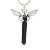 Silver Angel Wing Natural Crystal Point Pendant 35×65mm, Double Terminated Hexagonal Crystal Stone Charm, Reiki Chakra Healing Angel Guardian Pendant for DIY Necklace Spiritual Boho Jewelry Gift