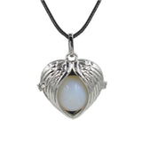 Angel Wing Heart Crystal Ball Pendant Necklace Silver Plated Natural Round Stone Chakra Healing Black Wax Cord Necklace for Women