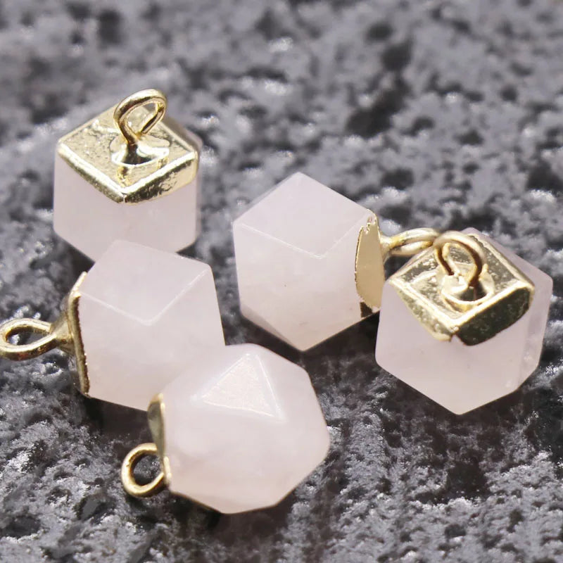 Gold Electroplated Cube Natural Stone Charms Pendants, 8×12mm Faceted Square Gemstone Bead Charms for Jewelry Making DIY Necklace Bracelet Bulk Supply