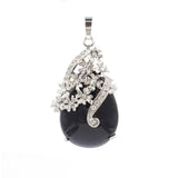 Rhinestone Floral Vine Teardrop Natural Crystal Pendant, Silver‑Tone Alloy Wrapped Water Drop Gemstone Charm for Necklace Jewelry Making