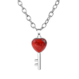 Heart Key Natural Crystal Pendant Necklace Silver Alloy Love Lock Gemstone Chakra Healing Necklace for Women Gift