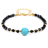 4mm Faceted Black Crystal Beaded Bracelet with 10mm Natural Stone Center Bead Gold Plated Adjustable Extension Chain Chakra Healing Bracelet for Women