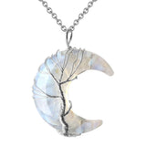 Natural Stone Tree of Life Moon Necklace • Silver Wire Wrapped Crescent Moon Crystal Pendant • Healing Chakra Celestial Jewelry Gift for Women Men
