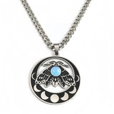 Vintage Moth Moon Phase Necklace - Gothic Stainless Steel Gemstone Amulet - Witchy Celestial Insect Jewelry for Women & Men