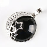 Moon & Star Celestial Natural Gemstone Round Pendant, Silver‑Tone Hollow Star Crescent Moon Frame Crystal Stone Charm for Handmade Necklaces