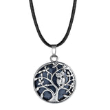 Owl Family Tree of Life Gemstone Necklace – 30mm Round Natural Stone Pendant with 18-Inch Leather Cord