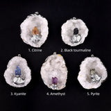 Natural Agate Geode Pendant with Drusy Crystal Point | Silver Plated Raw Druzy Cave Pendant Necklace for Spiritual Jewelry