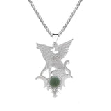 Stainless Steel Flying Wolf Pendant Necklace - Mythical Creature Jewelry with Natural Agate Stone - Gothic Punk Style for Men