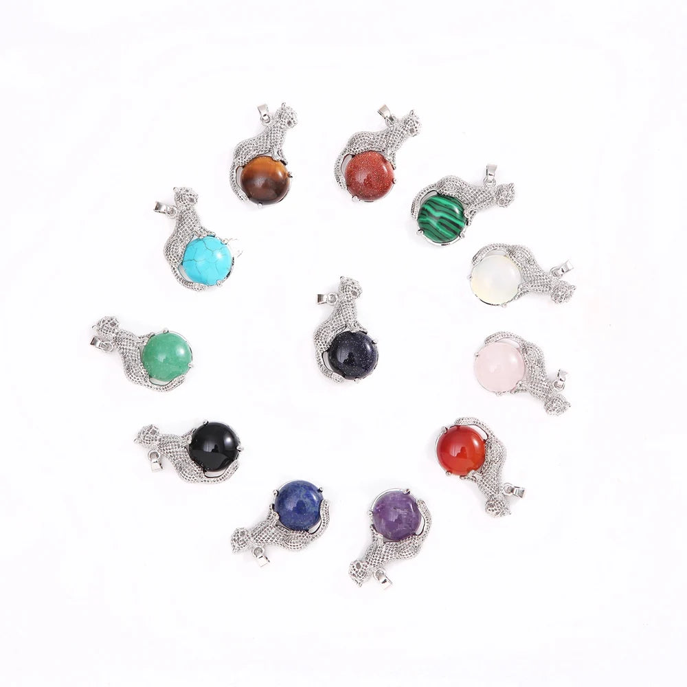 Natural Stone Silver Copper Animal Leopard Pendants Necklace Women mens Punk Created Emerald Panther Chakra Necklace jewelry