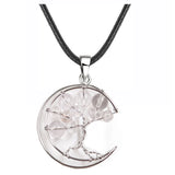Crescent Moon Tree of Life Pendant Necklace, Natural Crystal Gemstone Chakra Healing Stone Necklace, Handmade Wire Wrapped Crystal Life Tree Jewelry Gift for Women
