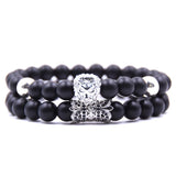 Luxury Matte Black Agate Stone Bead Bracelet Set - 8mm Couples Distance Friendship Bracelets with Silver Lion Head & Crown Charms