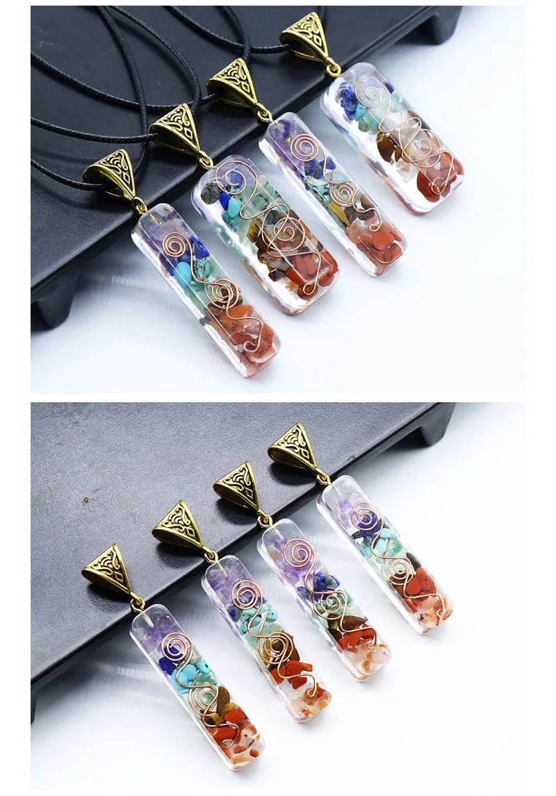Orgone 7 Chakra Pendant Necklace, Resin Mixed Crystal Chips Reiki Symbol Wire Wrapped Energy Orgonite Pendant, Healing Meditation Jewelry with Black Wax Rope Chain