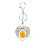 Silver Angel Wings Heart Keyring - Natural Stone Teardrop Crystal Keychain for Purse, Backpack, Handbag, Car Keys