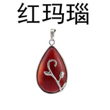 Silver Branch Rose Inlaid Teardrop Natural Crystal Pendant Water Drop Chakra Healing Gemstone Charm for DIY Necklace Jewelry Making