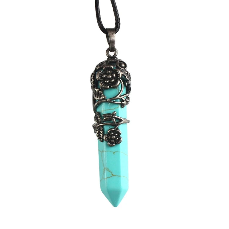 Antique Silver Flower Wire Wrapped Crystal Point Pendant, Natural Gemstone Double Terminated Point Pendant, Floral Metal Wrap Reiki Chakra Healing Pendulum Necklace Pendant for Women