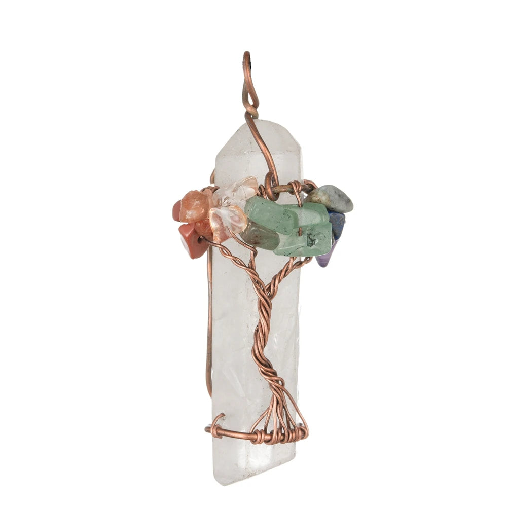 Tree of Life 7 Chakra Clear Quartz Crystal Point Pendant Copper Wire Wrapped Healing Stone Necklace Charm for Women Spiritual Jewelry Gift