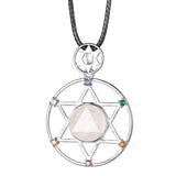 7 Chakra Hexagram Natural Crystal Pendant Necklace, Sacred Star of David Gemstone Black Wax Cord Necklace Reiki Energy Spiritual Boho Jewelry Gift for Men Women