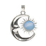 Natural Crystal Sun and Moon Pendant | Celestial Crescent Moon Gemstone Charm | Silver Alloy Sunburst Quartz Cabochon Jewelry Findings for DIY Making