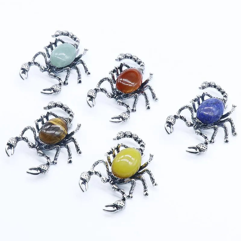Scorpion Shape Natural Crystal Gemstone Pendant, Antique Black Metal Insect Animal Inlaid Cabochon Stone Pendant, Chakra Reiki Healing DIY Jewelry Making Accessory